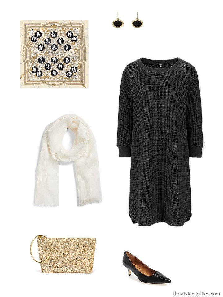 17. black dress with gold and white accessories