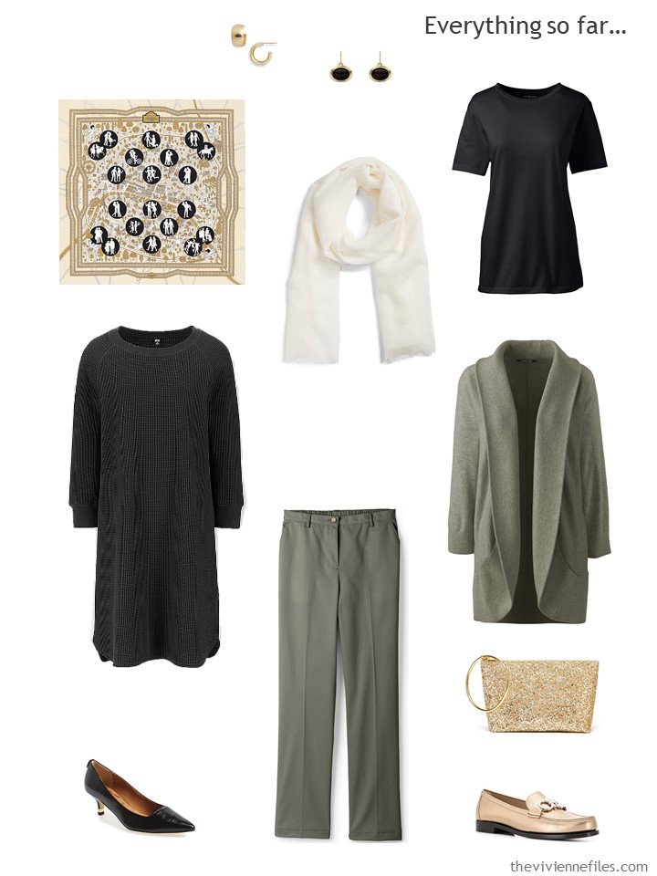 18. travel capsule wardrobe in black, olive and cream