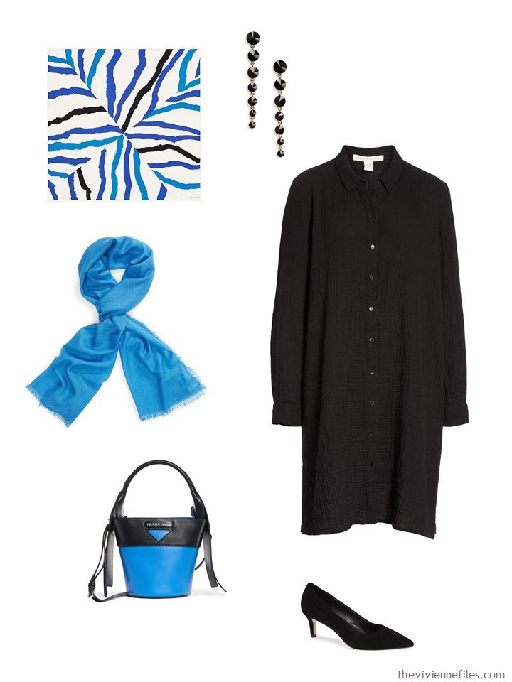 2. black dress with blue accessories