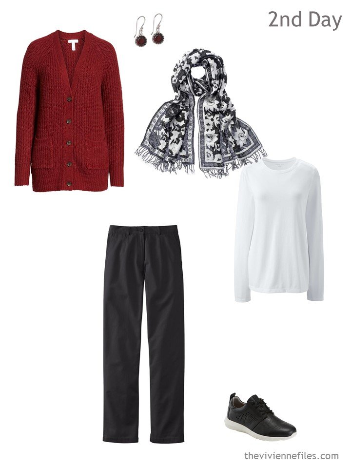 2. cool weather travel outfit in black, white and red