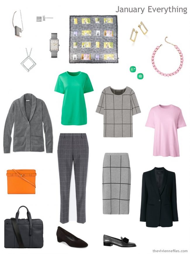 3. January travel capsule wardrobe in grey, green and pink