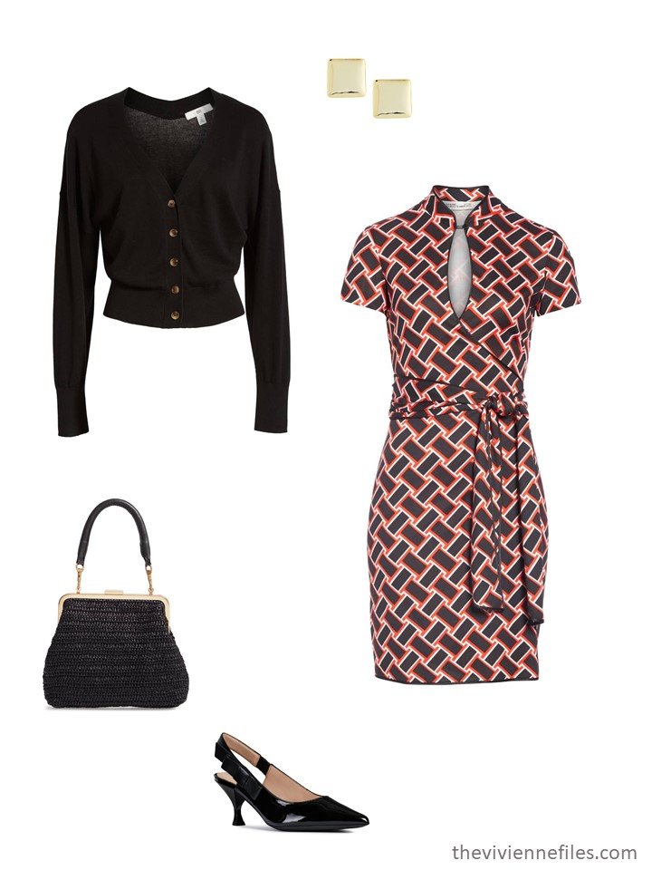 3. black and red print dress with black cardigan and pumps