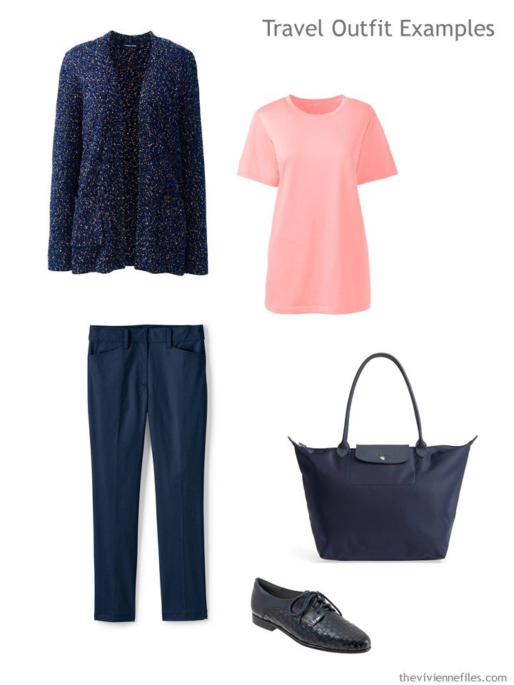 3. navy and coral travel outfit