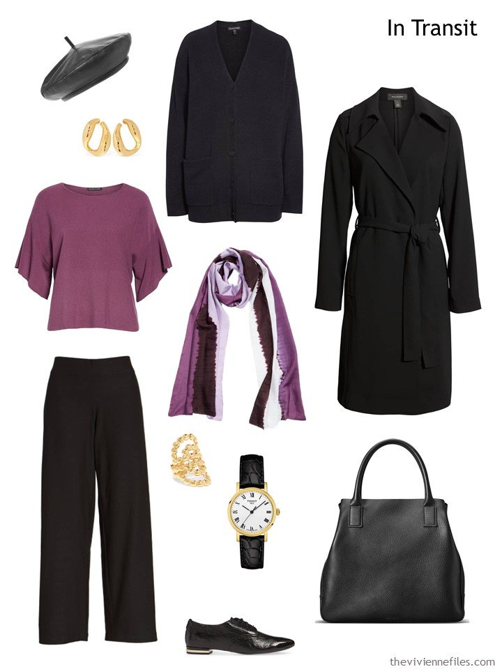 3. travel outfit in berry and black