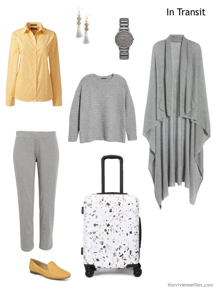 3. travel outfit in grey and yellow