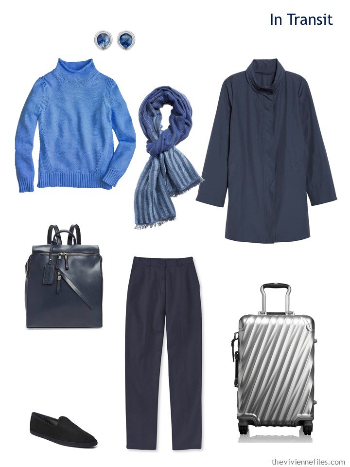 3. travel outfit in navy and bright blue