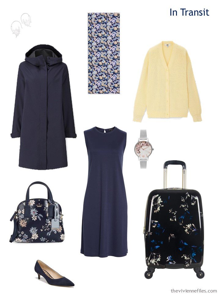 3. travel outfit in navy and yellow