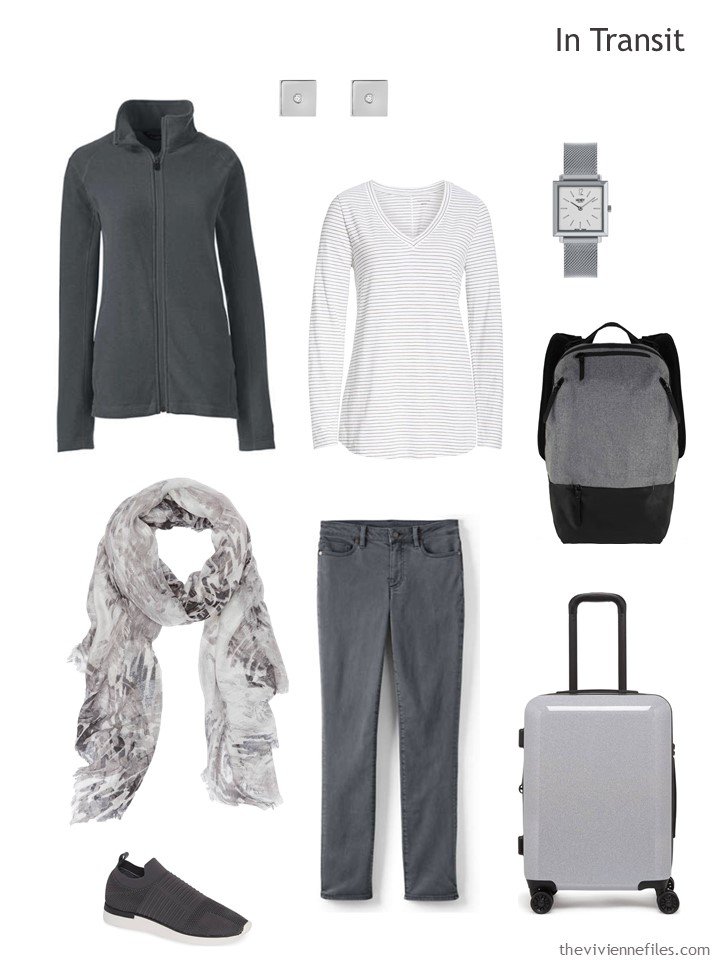 3. winter travel outfit in charcoal and white