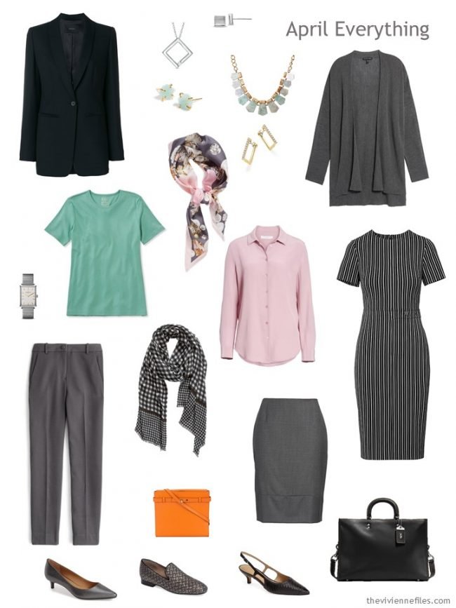 4. April travel capsule wardrobe in black, grey, green and pink