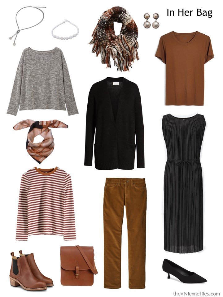 4. black, brown and grey travel capsule wardrobe