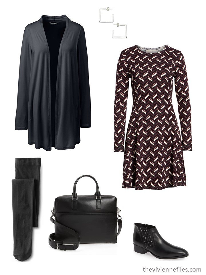 4. black print dress with black cardigan and short boots