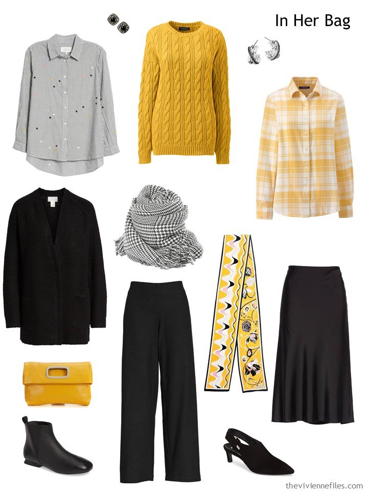 4. travel capsule wardrobe in black, grey, and yellow