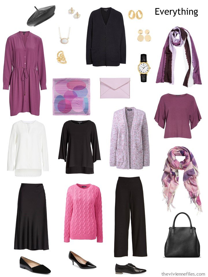 5. 9-piece travel capsule wardrobe in black, white and shades of pink