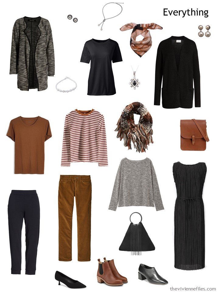 5. black, brown and grey travel capsule wardrobe