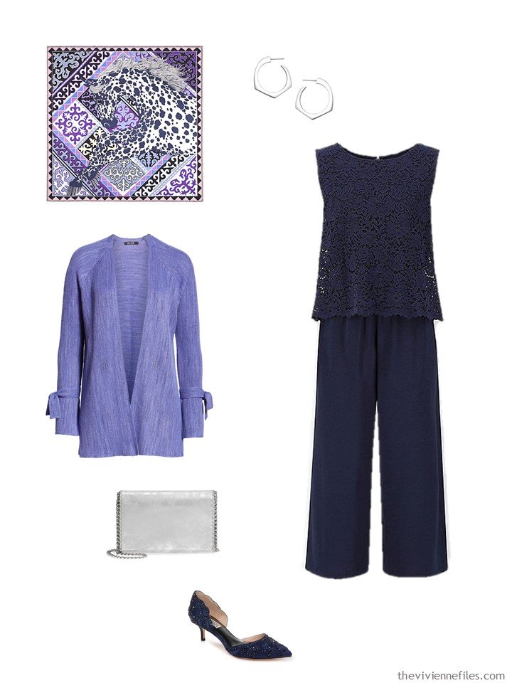 5. navy jumpsuit with purple cardigan