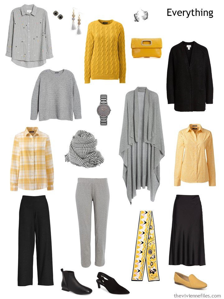 5. travel capsule wardrobe in black, grey and yellow