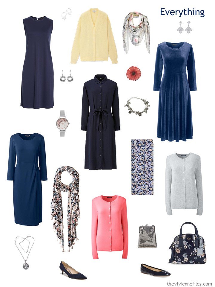 5. travel capsule wardrobe in navy, pink, yellow and grey