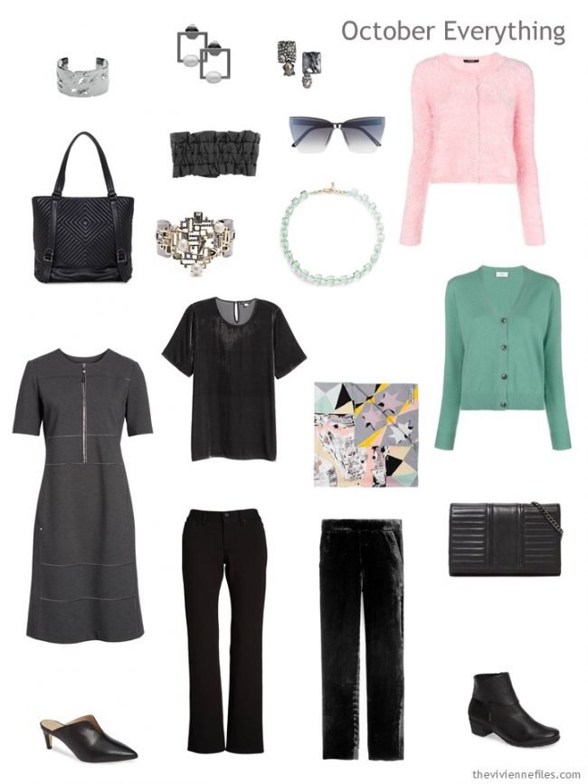 6. October travel capsule wardrobe in black, grey, pink and green