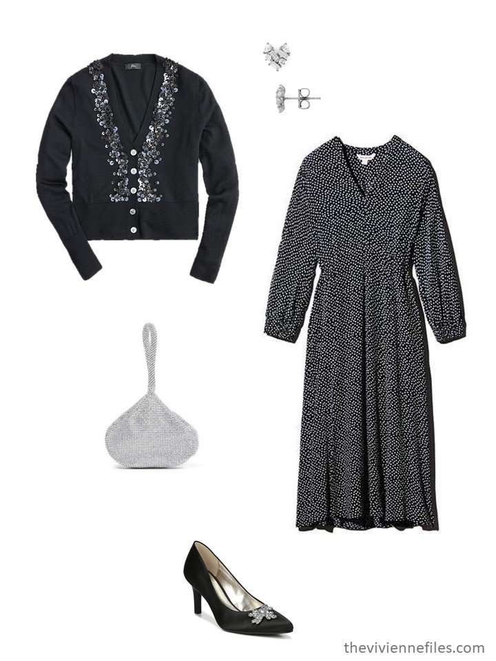 6. black print dress with black embellished cardigan and black jeweled pumps