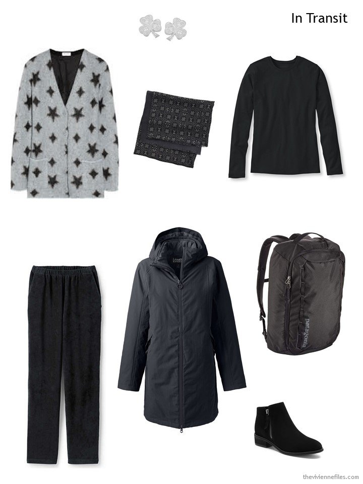 6. travel outfit for cold weather, in grey and black