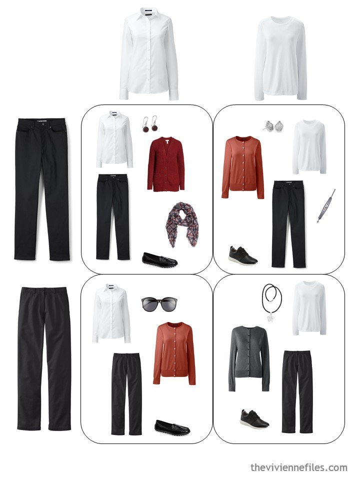 7. 4 outfits from a travel capsule wardrobe in black, white, grey and russett