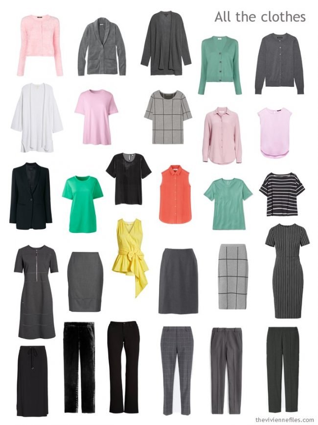 7. capsule wardrobe in black, grey, pink, green, orange, yellow and white