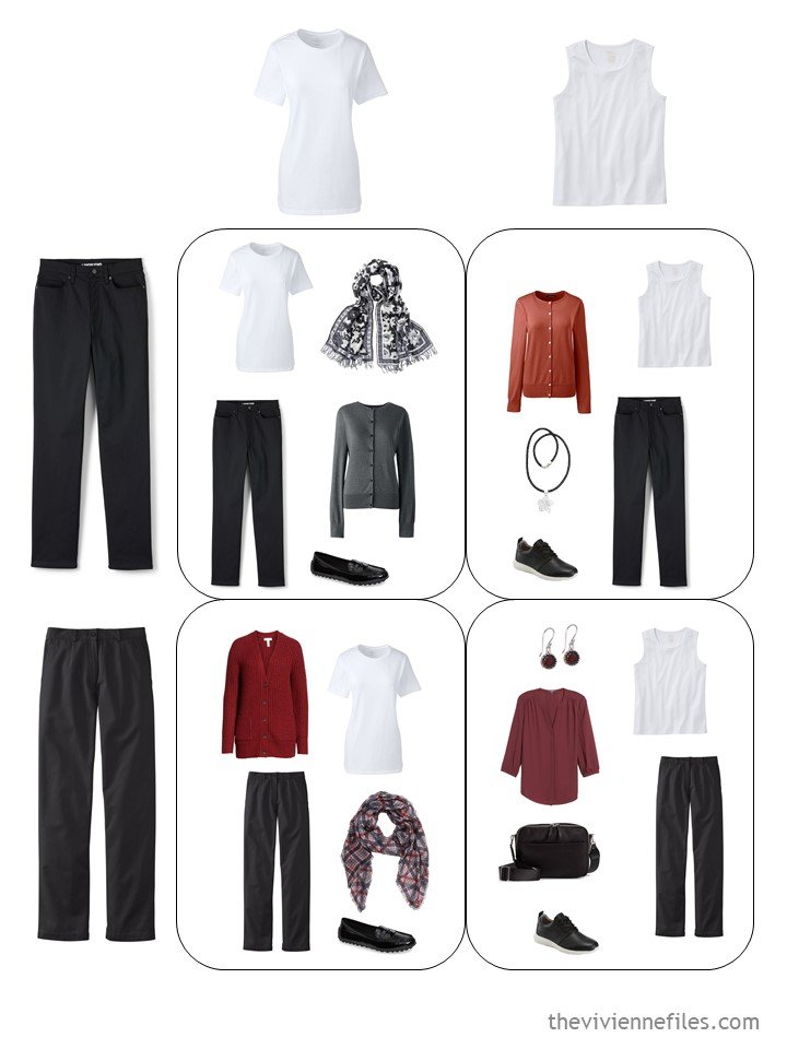 8. 4 outfits from a travel capsule wardrobe in black, white, grey, red and russet