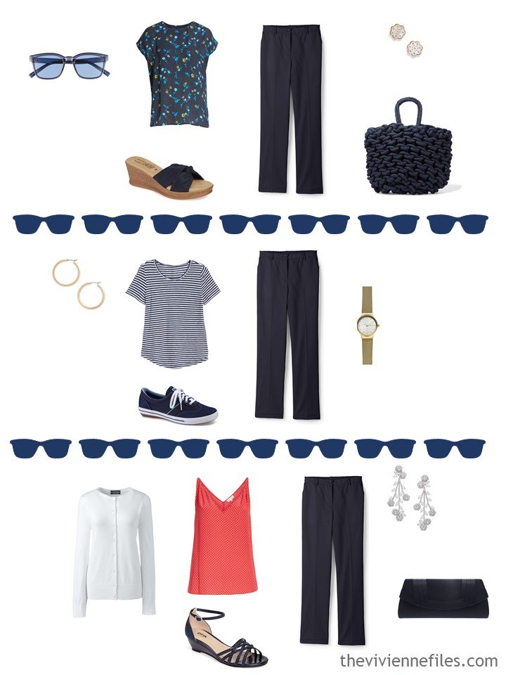 9. 3 ways to wear navy pants in warm weather from a travel capsule wardrobe