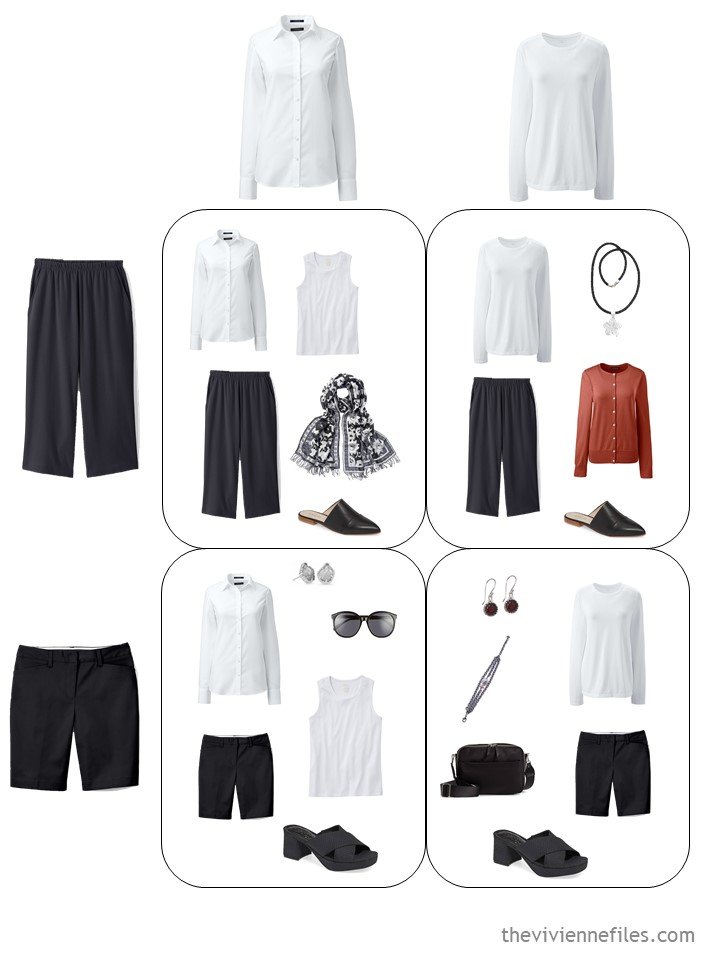 9. 4 outfits from a travel capsule wardrobe in black, white, red and grey