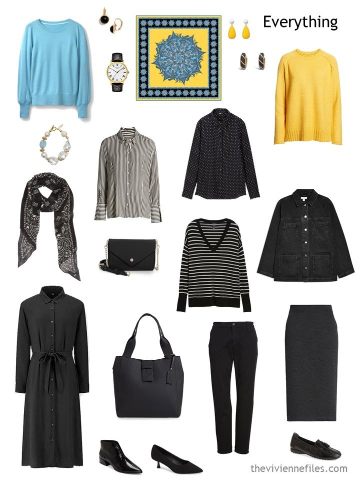 1. travel capsule wardrobe in black, white, turquoise and yellow