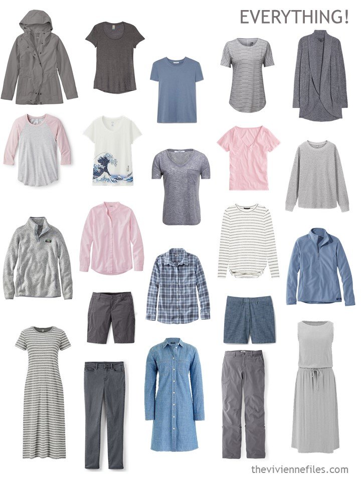 10. 22 piece travel capsule wardrobe in grey, blue and pink