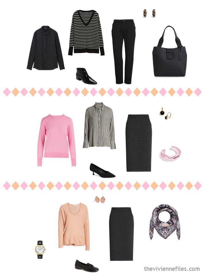 10. 3 outfits from a travel capsule wardrobe in black, white, pink and apricot