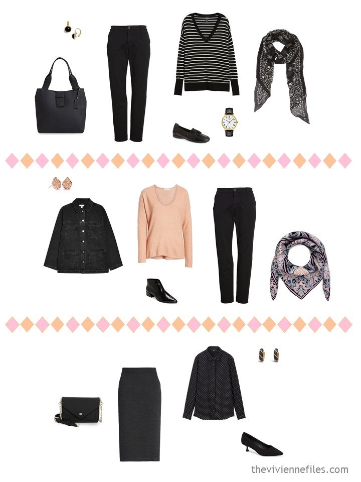 11. 3 outfits from a travel capsule wardrobe in black, white, pink and apricot