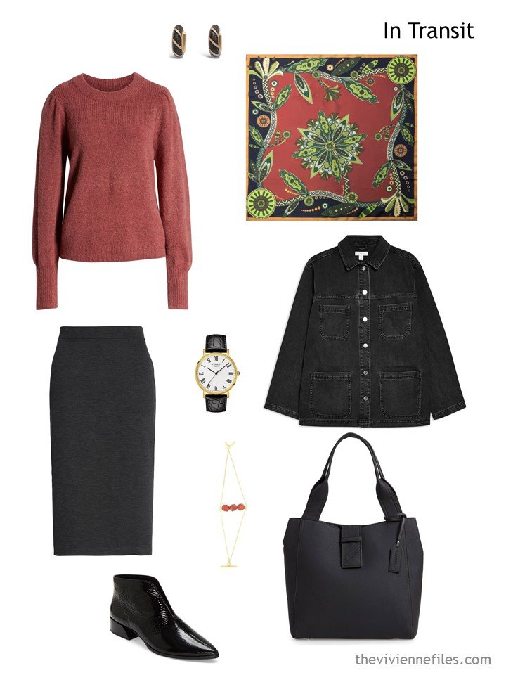 13. travel outfit in black and cinnabar