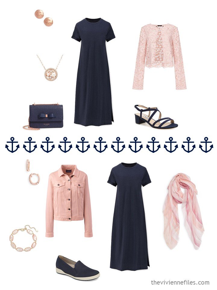 14. 2 ways to wear a navy dress from a travel capsule wardrobe