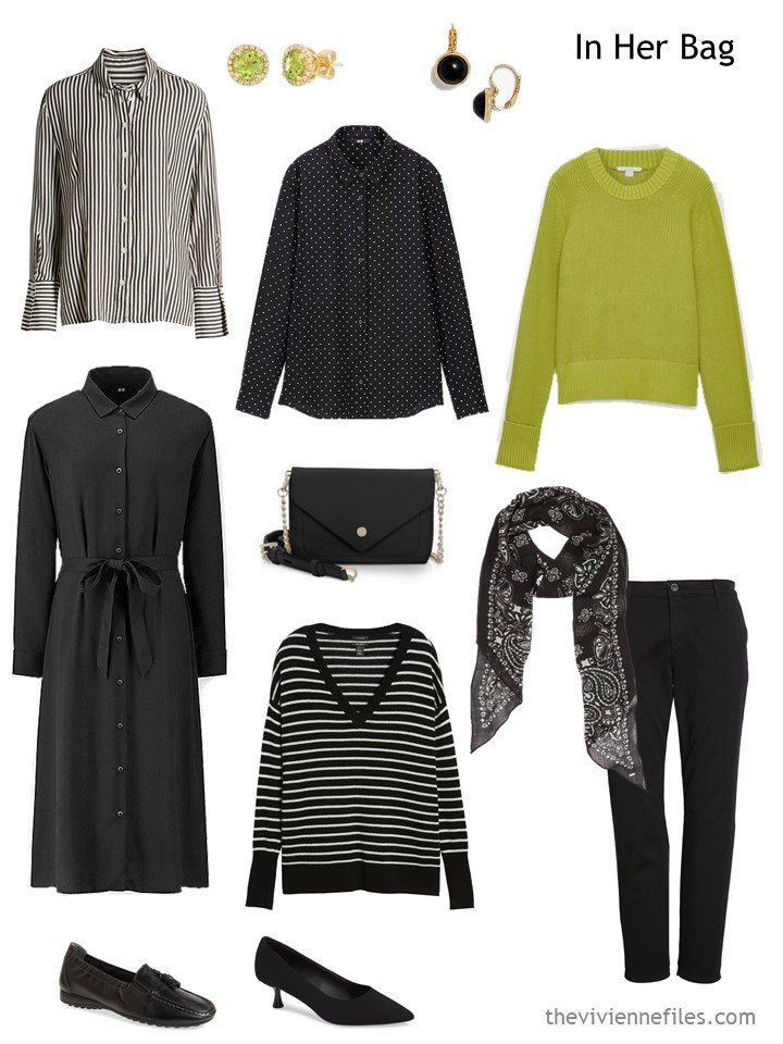 14. travel capsule wardrobe in black, white and acid green