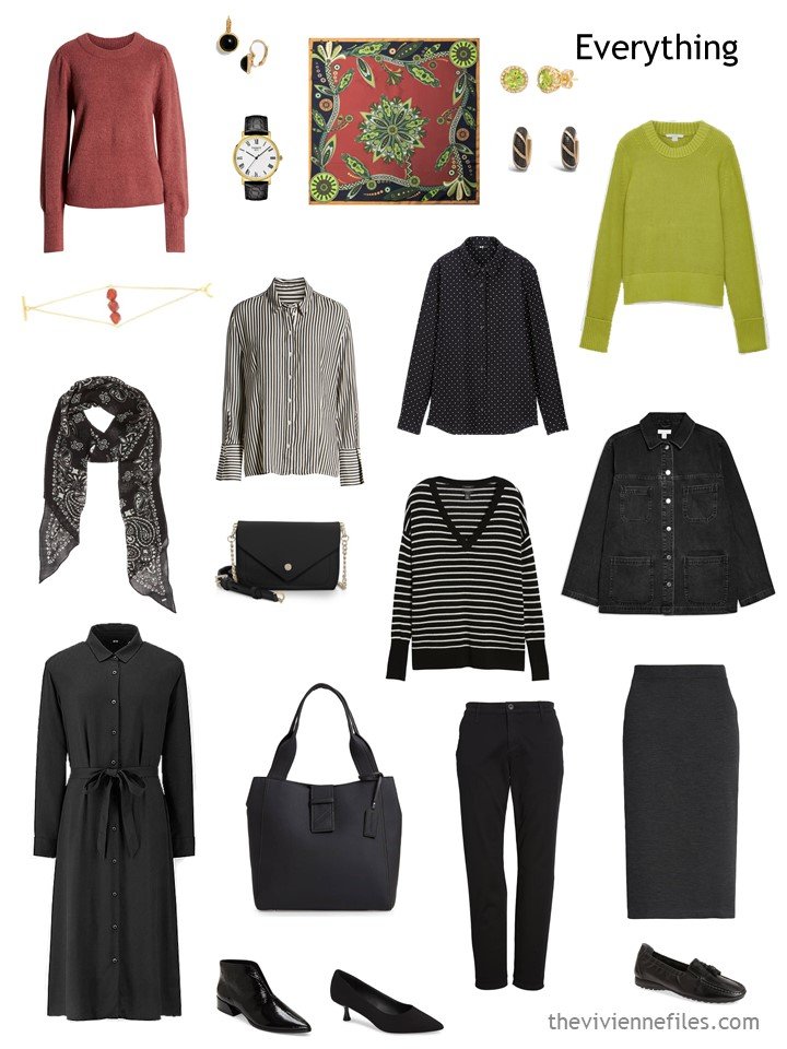 15. travel capsule wardrobe in black, white, cinnabar and acid green