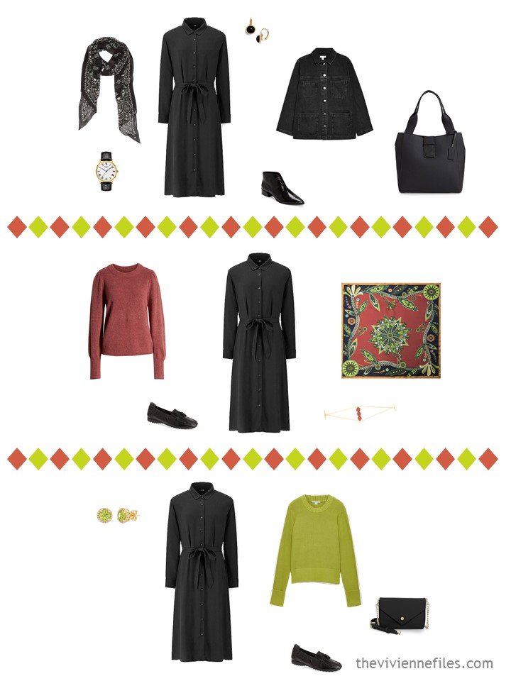 17. 3 outfits from a capsule wardrobe in black, white, cinnabar and acid green