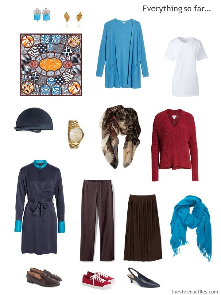 17. navy, turquoise, brown and red capsule wardrobe