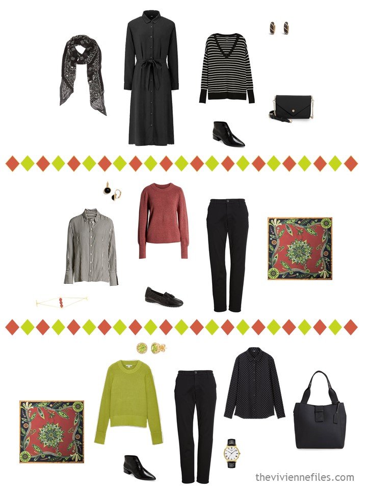 18. 3 outfits from a travel capsule wardrobe in black, white, cinnabar and acid green