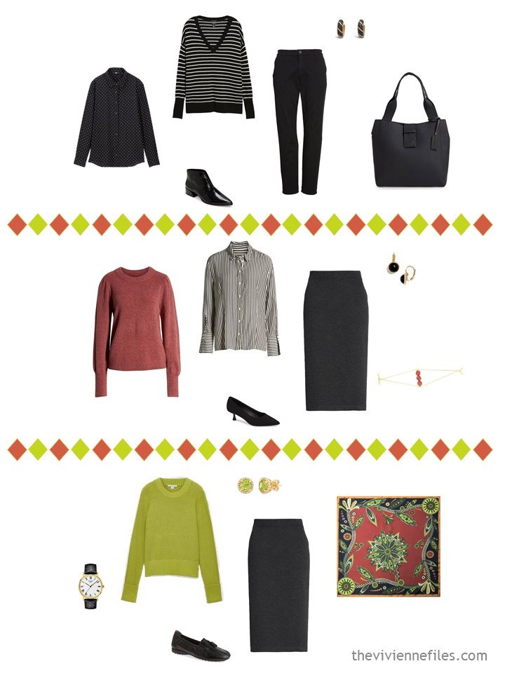 19. 3 outfits from a travel capsule wardrobe in black, white, cinnabar and acid green