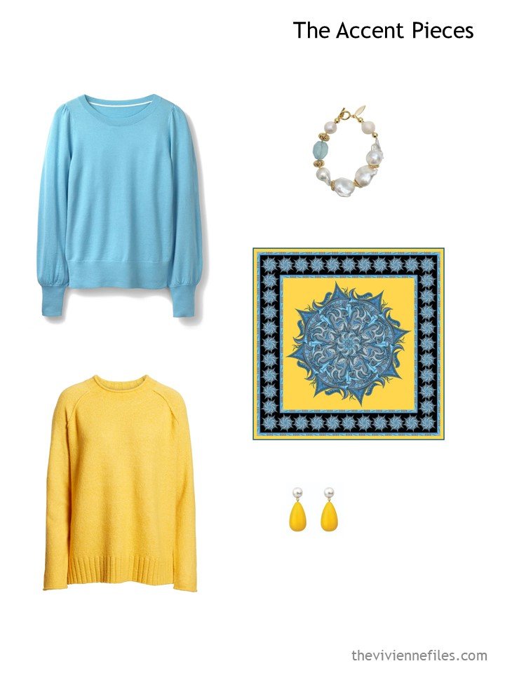 2. wardrobe accents in turquoise and yellow