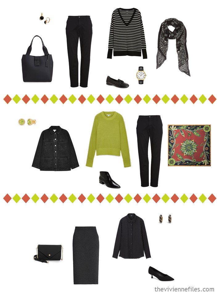 20. 3 outfits from a travel capsule wardrobe in black, white, cinnabar and acid green