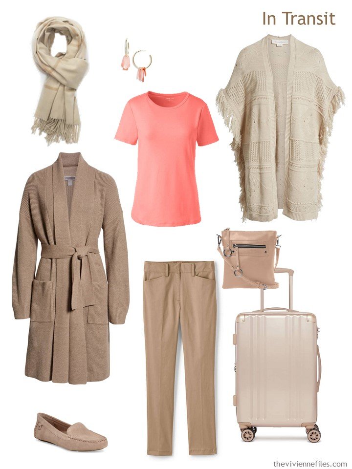 3. beige and coral travel outfit