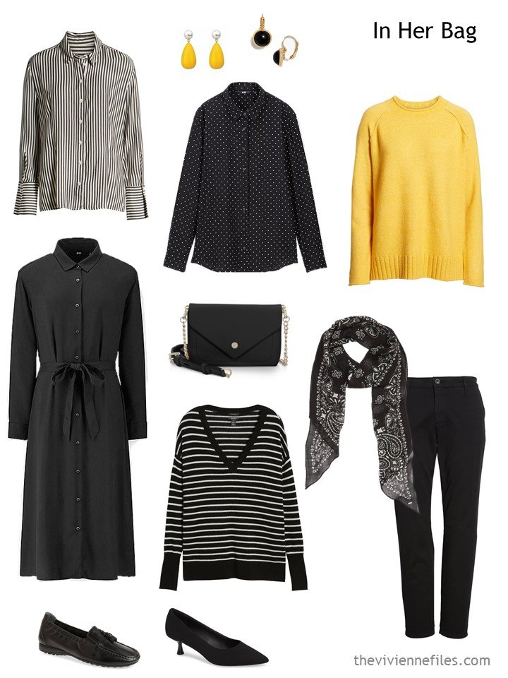 3. black, white and yellow travel capsule wardrobe