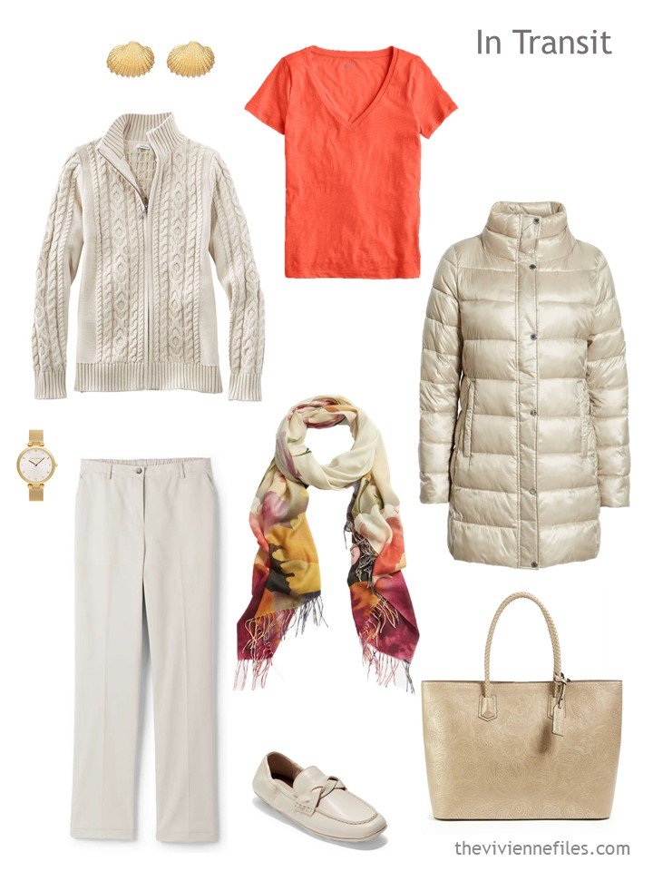 3. travel outfit in beige and persimmon