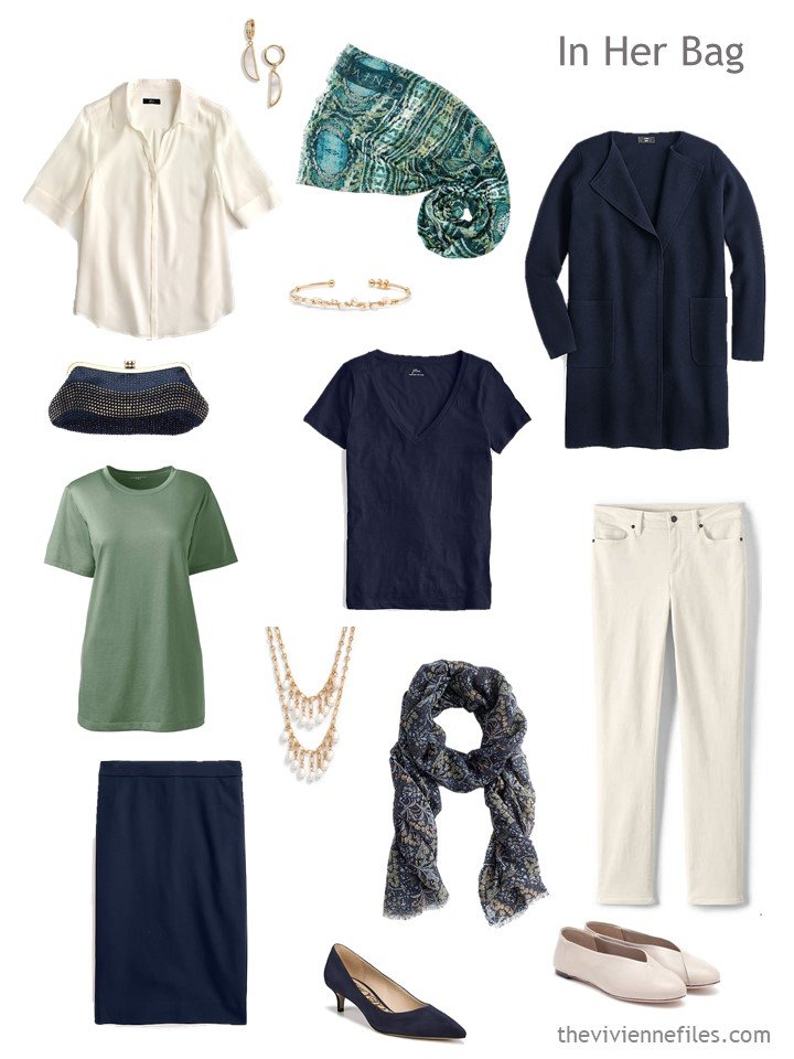 4. Six-Pack travel capsule wardrobe in beige, navy and green