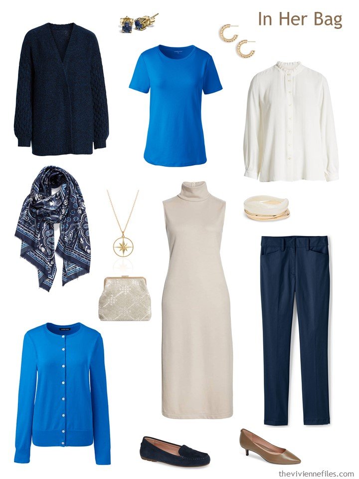 4. navy, beige, blue and white travel capsule wardrobe