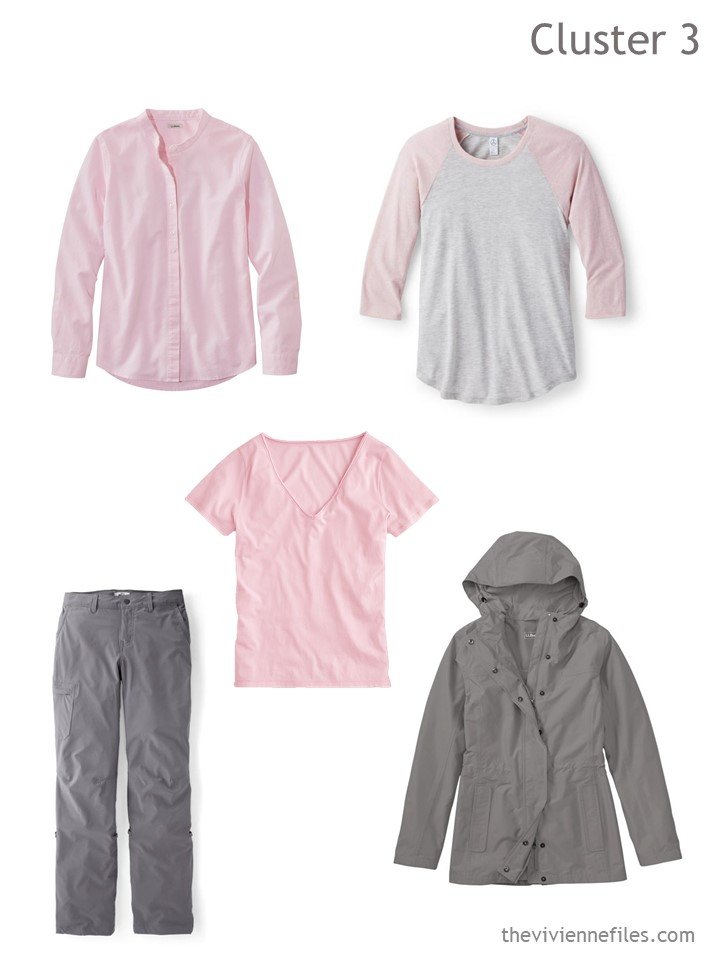 4. travel cluster based on grey hiking pants, jacket, and pink tops