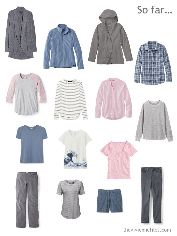 5. 15-piece travel capsule wardrobe in grey, blue and pink